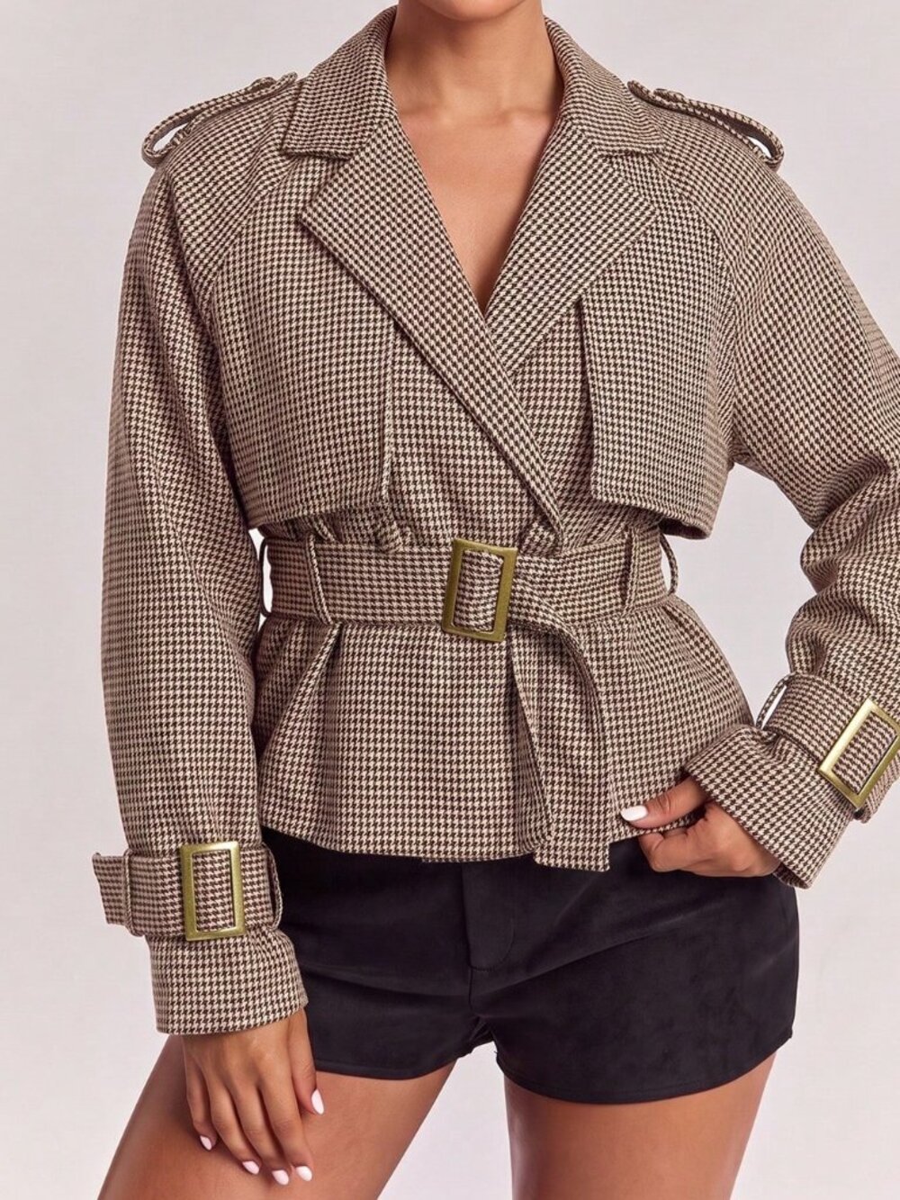 Brown Casual Women's Loose Double Breasted Lapel Short Trench Coat Jacket